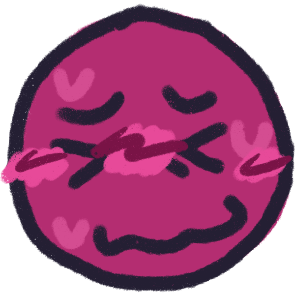 a pink person smiling awkwardly, blushing and sweating
